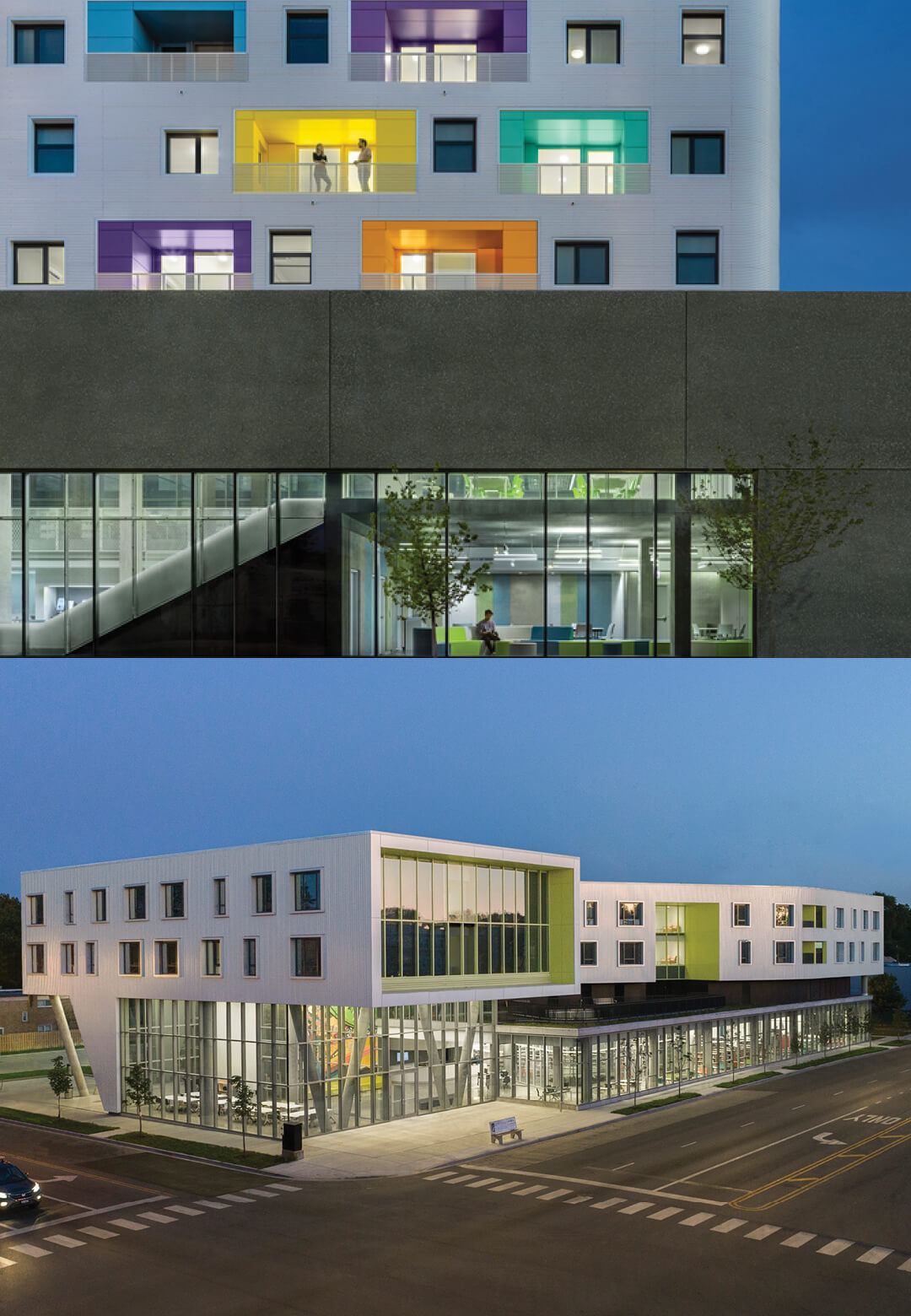The Independence Library and Apartments (L) and the Northtown Library and Apartments (R) in Chicago are examples of co-location architecture | Co-location: a new building type | Vladimir Belogolovsky | STIRworld