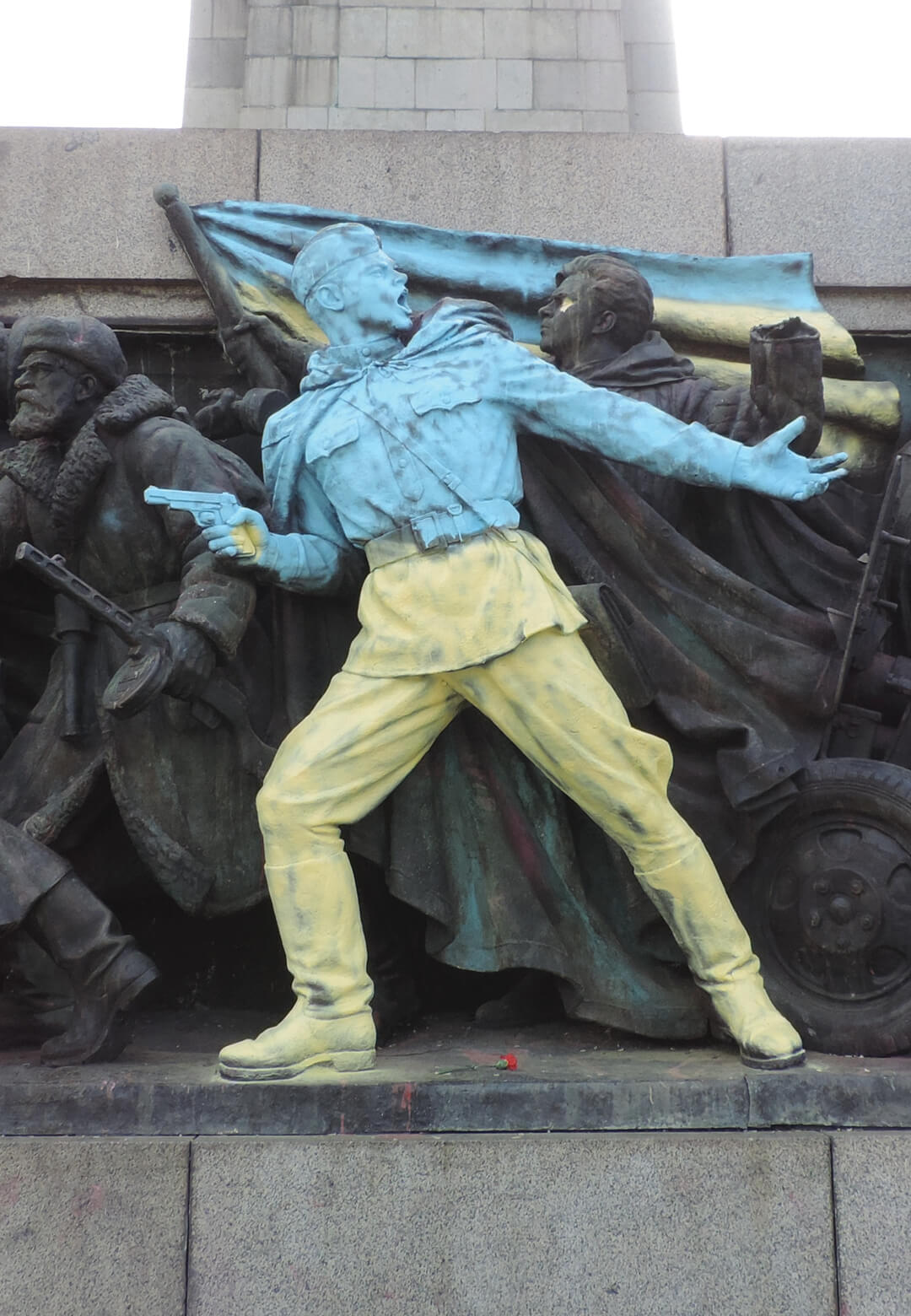 The Monument to the Soviet Army, Sofia, a day after it was painted in the colours of the Ukrainian national flag, with the inscription Glory to Ukraine | Bulgaria | STIRworld