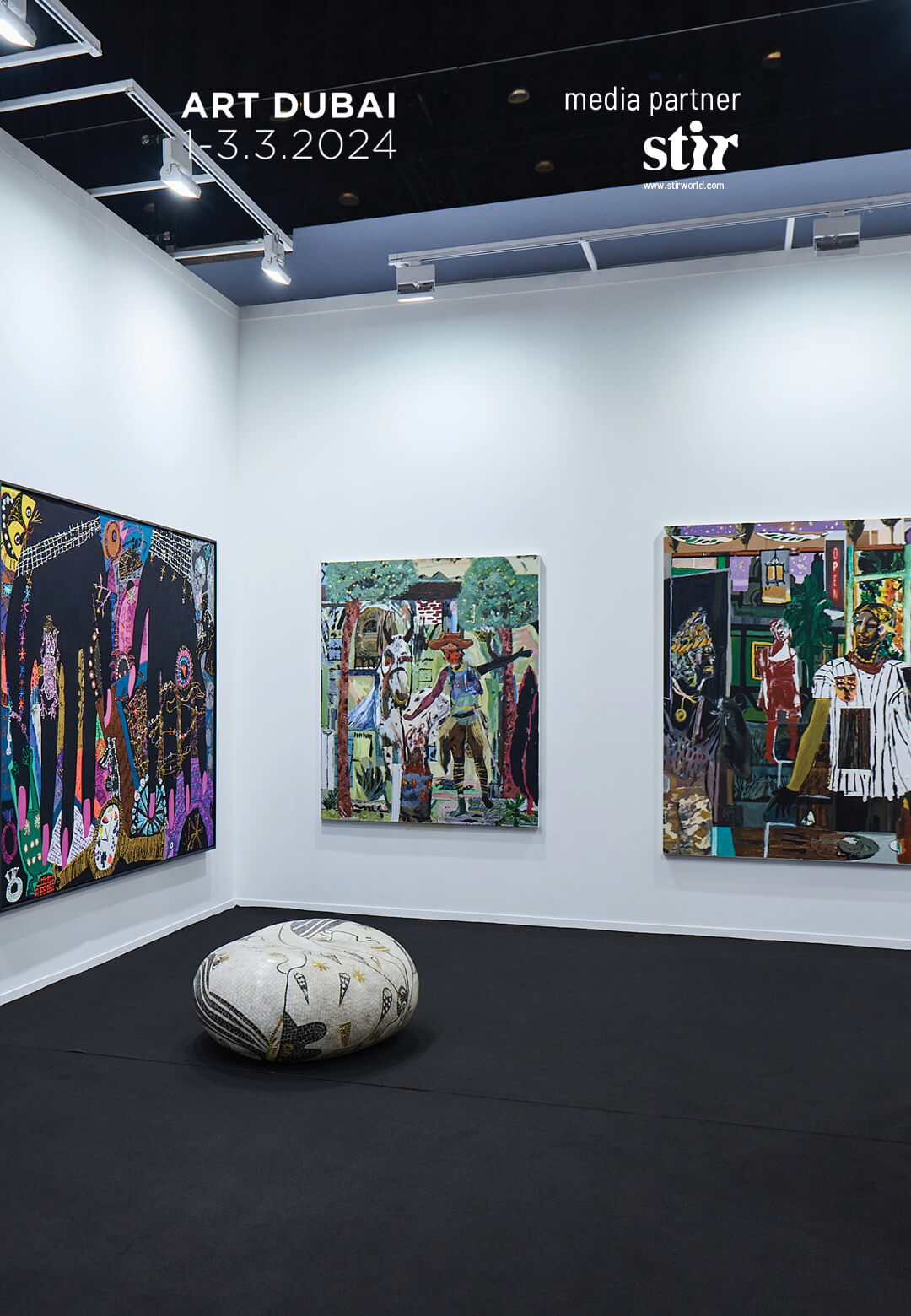 Installation view of Zidoun-Bossuyt Gallery’s booth, representing artists Summer Wheat, Olivier Souffrant, and Samuel Olayombo at Art Dubai 2024 | Zidoun-Bossuyt Gallery | Art Dubai 2024 | STIRworld