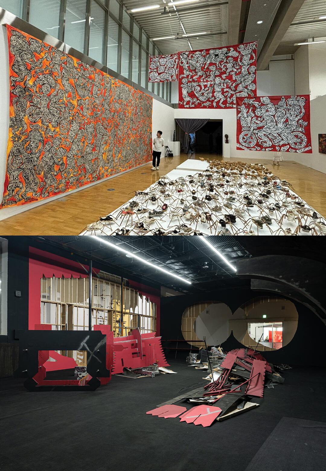 (L) Myanmar Pavilion, 15th Gwangju Biennale; (R) W💀W (Waves of Wreckage), Busan Biennale, 2024, Eugene Jung | STIRworld | Gwangju and Busan Biennale