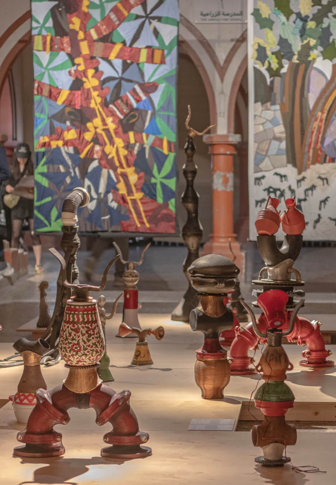 Installation view of ‘Water Witnesses’, 2020–ongoing and ‘Sakiya Banners’, 2019, by Nida Sinnokrot and Sakiya, at Sharjah Biennial 16, Old Al Jubail Vegetable Market| Sharjah Biennial | STIRworld