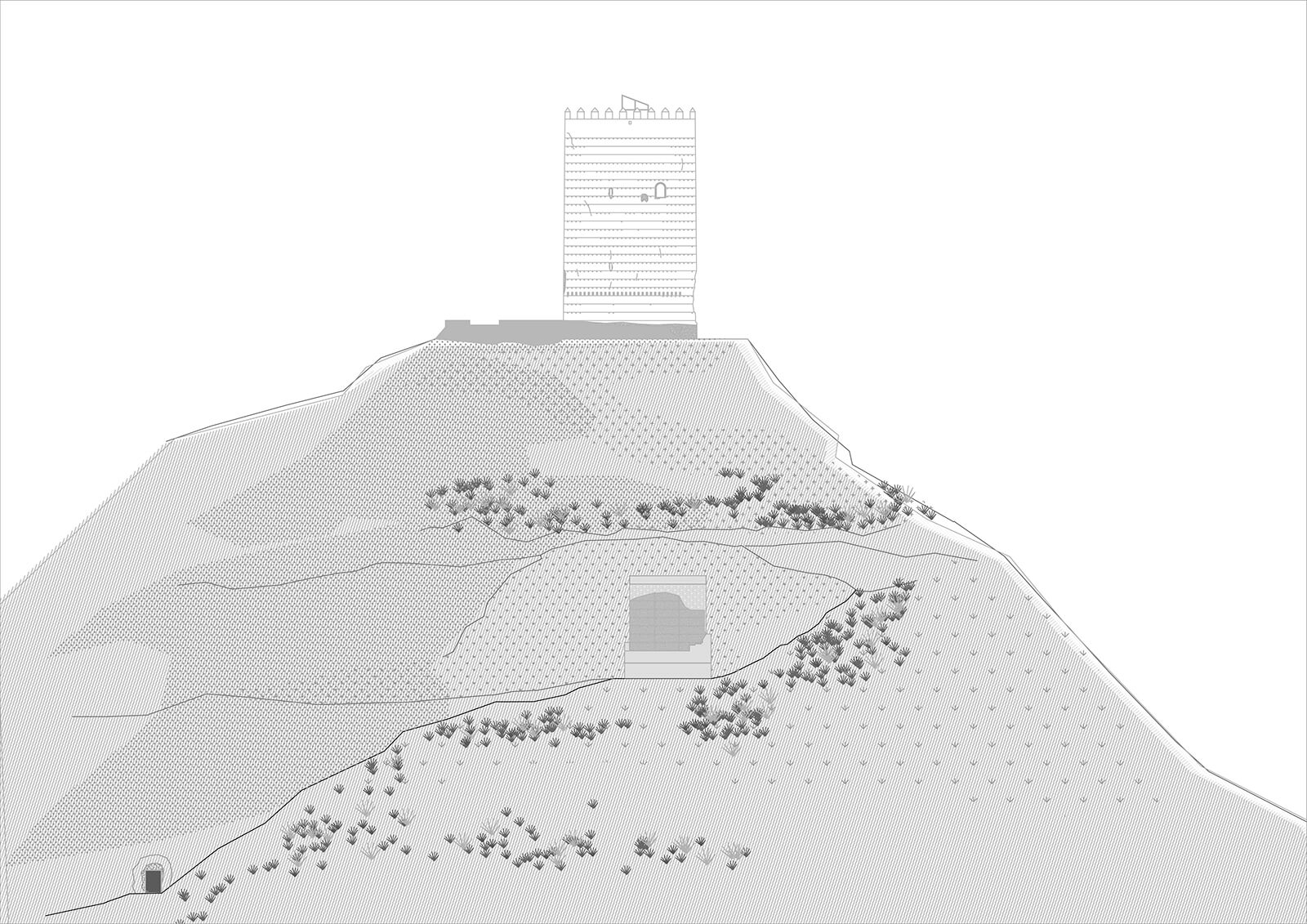 Mapa que muestra la Torre del Fuerte en la cima y la Torre del Agua y el Molino de Caracoles en la ladera |  Torre del Agua |  HUMA Arquitectura |  STIRMundo