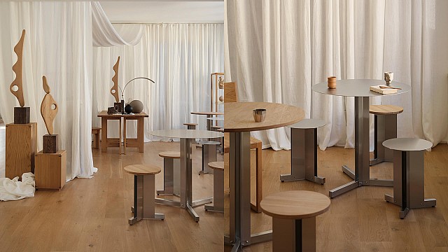 Kristina Dam Studio&rsquo;s Split caf&eacute; table and stool proffer an architectural simplicity