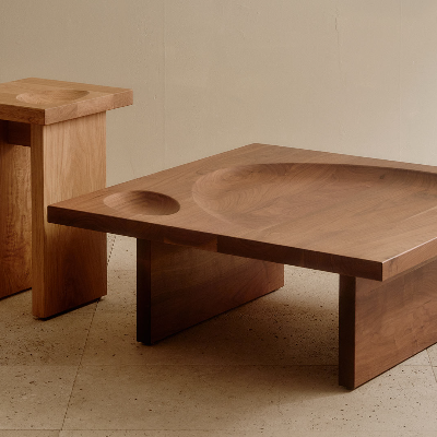 Tom Fereday&rsquo;s &lsquo;Mazer&rsquo; tables inject organic curves in brutalist forms