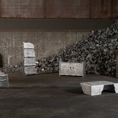 Studio ThusThat displays salvaged aluminium furniture at ToolsGalerie