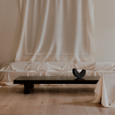 A pall of drop cloth frames Francesco Balzano's 'INIZIO' at STUDIOTWENTYSEVEN