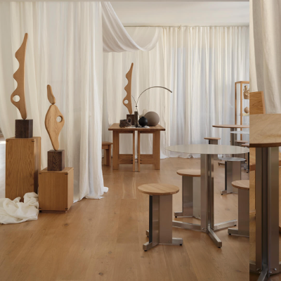 Kristina Dam Studio&rsquo;s Split caf&eacute; table and stool proffer an architectural simplicity