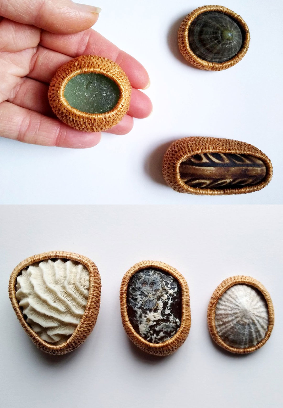 Jane Haselden&rsquo;s plant fibre baskets cocoon shells, stones and earthenware